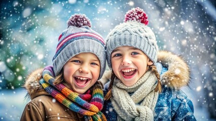 portrait of joyful couple of children in winter clothes enjoy together in a snowy park with falling snowflakes