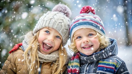 Fototapeta premium portrait of joyful couple of children in winter clothes enjoy together in a snowy park with falling snowflakes