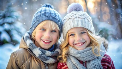 Fototapeta premium Cheerful happy girl and boy wearing in warm winter clothing in a snowy park, two children having fun in vacation