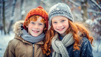 Fototapeta premium Joyful two children wearing in winter clothing enjoys winter walk in snowy park in weekend