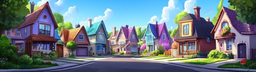 Naklejka premium Explore a whimsical community of animated homes in vivid hues.