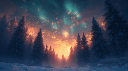 Majestic winter aurora over pine forest at dusk nature photography scenic viewpoint serenity