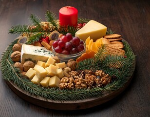 Un plateau de No&euml;l avec des fruits frais, des fromages, des noix et des mini-biscuits, d&eacute;cor&eacute;s de branches de sapin et de petites bougies.