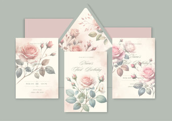 First birthday watercolor Invitation Template card with roses.