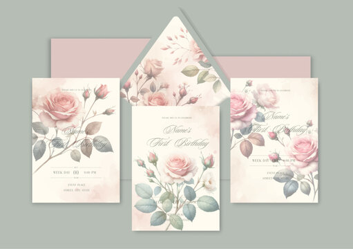 First birthday watercolor Invitation Template card with roses.