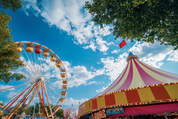 Vibrant carnival scene with a Ferris wheel, colorful striped tent, and bright blue sky on a sunny day.