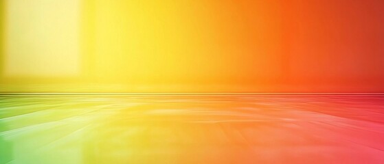 A bold, colorful gradient blending from green to yellow, reflecting off a glassy surface, creating a striking visual contrast of light and color in the reflection