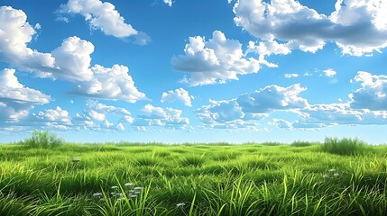 Obraz premium Green meadows with blue sky and clouds background.