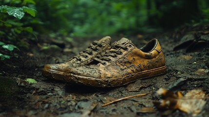 Fototapeta premium Sneakers covered in mud on a rugged forest trail after an outdoor adventure