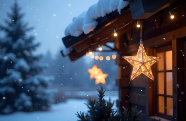 A snowy cabin adorned with glowing star-shaped lights and festive string lights creating a cozy winter ambiance. For holiday-themed promotions or seasonal travel advertisements. Selective focus