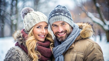 Joyful woman and man wearing in winter clothing enjoys winter walk in snowy park