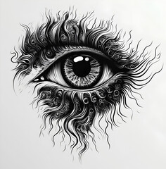 Tattoo design of an eye, trippy and psychedelic, on a white background. 