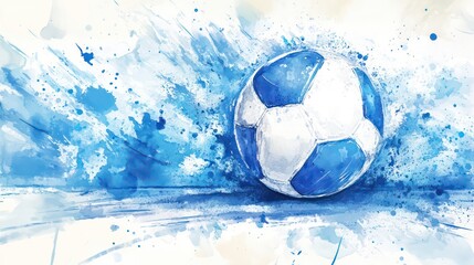 Watercolor painting of a soccer ball in motion, with blue splashes and streaks depicting speed and energy.