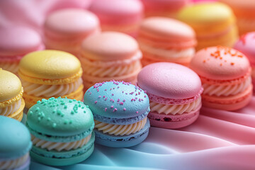 Obraz premium Colorful macarons beautifully arranged on silky pastel fabric in an inviting setting. Generative AI