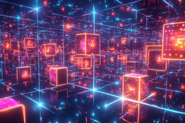 Digital art showcasing glowing neon data points and pixelated code blocks