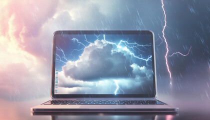 Cloudy skies and lightning displayed on laptop screen during storm