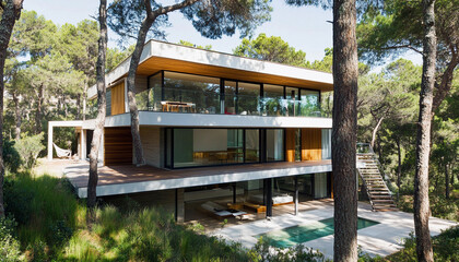 Fototapeta premium Modern house nestled in forest with glass and wood design