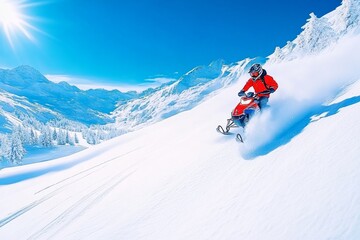A snowmobiler performing an exciting jump over a snow ramp, captured mid-air against a clear blue sky. Generative AI