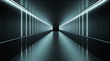 A sleek, modern hallway illuminated by glowing lights, creating a futuristic and minimalist atmosphere.
