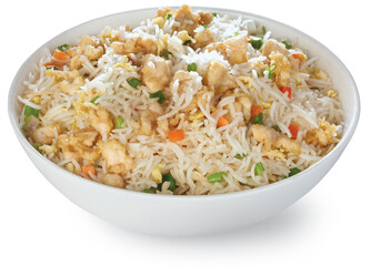 CHICKEN FRIED RICE IN WHITE BOWL 