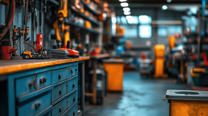 well organized auto repair shop with tools and equipment visible
