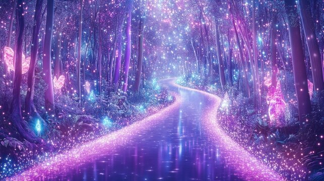 A powerful spark ignites a fantasy landscape, blending conceptual visuals of magical forests, glowing rivers, and mythical beings, creating a surreal, otherworldly experience filled with vibrant