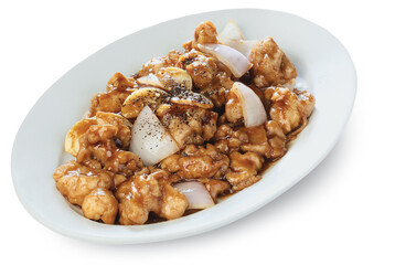 CHICKEN PEPPER CRUSH SERVED IN WHITE TRAY