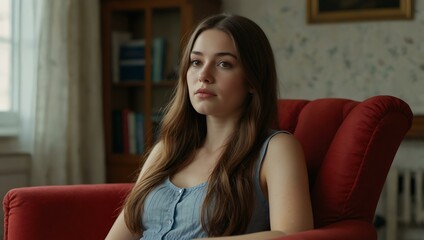Obraz premium Woman with long brown hair sitting in a red armchair, looking out the window.
