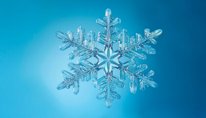 3D illustration of ice form transparent snowflake decoration isolated on light blue background