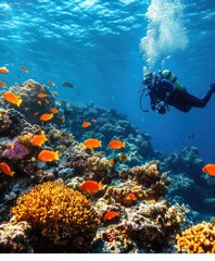 Fototapeta premium Marine Biologist Scuba Diving Near Coral Reef
