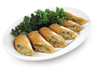 SPRING ROLLS ON PLATE ON WHITE BACKGROUND