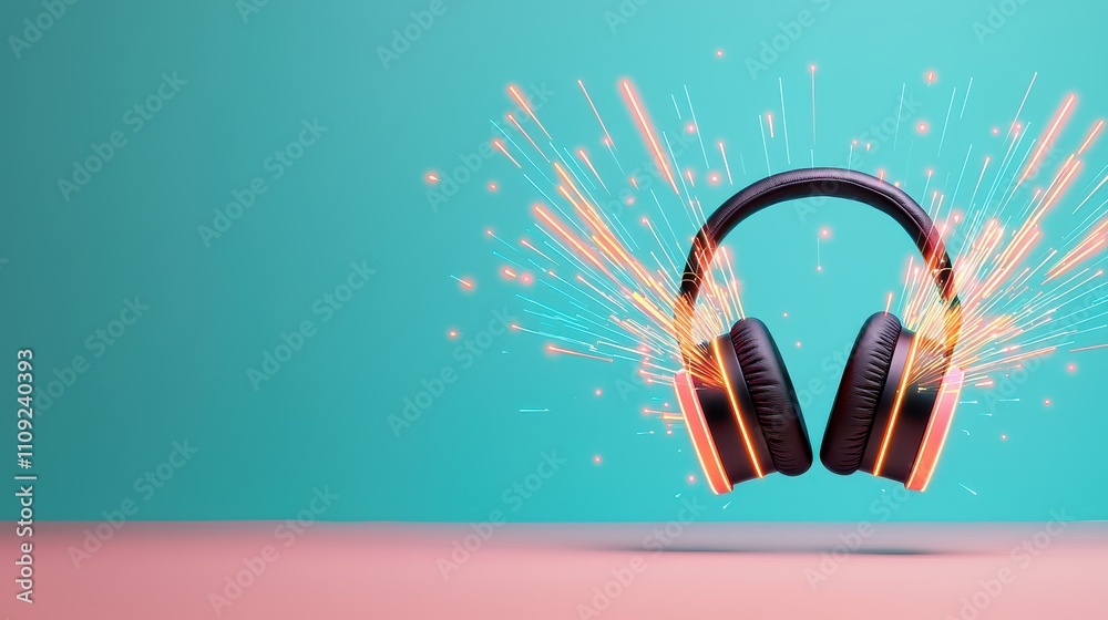 Poster headphone exploding concept, abstract neon sound waves emanating from headphones in dynamic fracturi