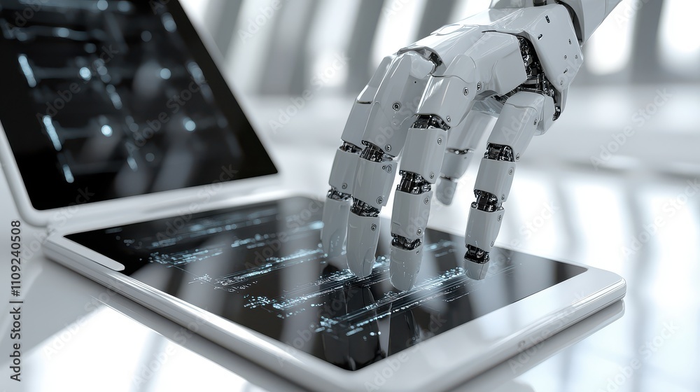 Poster futuristic robotic hand interacting with a touchscreen device in a modern workspace setting, showcas