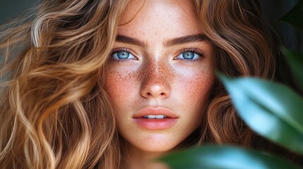 Fototapeta premium Beautiful Woman with Freckles Long Curly Hair and Blue Eyes