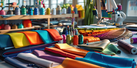 Fototapeta premium Close-up of a fashion designer's desk with fabric swatches and sewing supplies, showcasing a job in fashion design