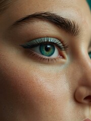 Fototapeta premium Woman’s eye close-up with long lashes, turquoise background.