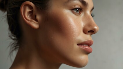 Woman&rsquo;s glowing skin in a close-up side profile.