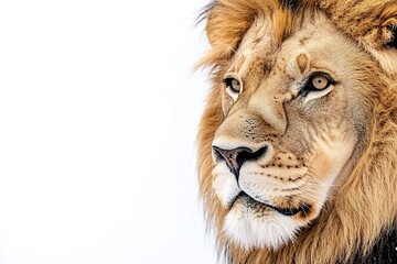 Fototapeta premium Majestic lion portrait, intense gaze, isolated on white background