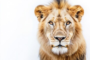 Fototapeta premium Close-up of majestic lion with intense gaze on white background