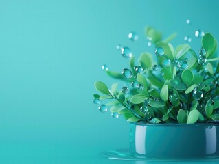 Water droplets forming on a plant, highlighting transpiration, 3D illustration