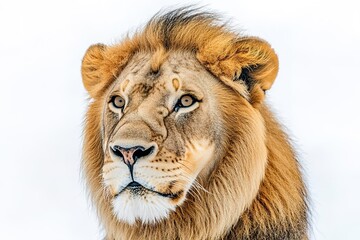 Fototapeta premium Majestic lion portrait on white background, intense gaze.