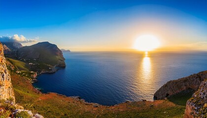 paradise sunrise sea landscape from coastline trail of zingaro nature reserve park between san vito lo capo and scopello trapani province sicily italy two shots stitch panorama