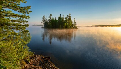 Obraz premium island with pine trees and fog at sunrise on a northern minnesota lake during summer