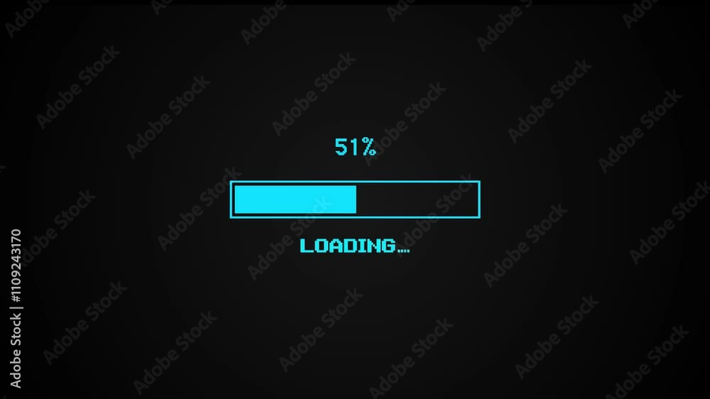 Poster 8-bit pixel vintage blue loading bar. loading bar 0 to 100. status bar showing loading process on bl