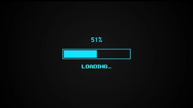 8-bit pixel vintage blue loading bar. Loading bar 0 to 100. Status bar showing loading process on black background.