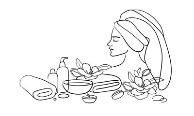 Girl in a towel continuous line art drawing isolated on white background. Spa salon. Self care and beauty. Vector illustration