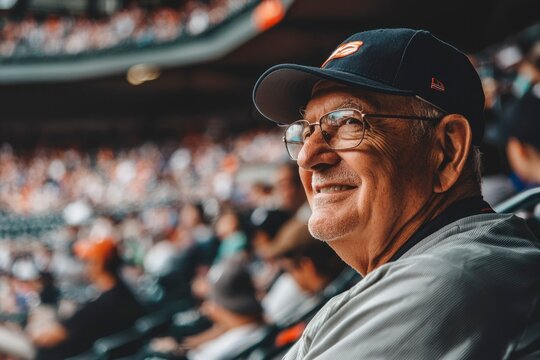 Happy Elderly Man Watching Baseball Game In Stadium