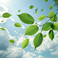 Fototapeta na wymiar fresh green leaves flying on wind