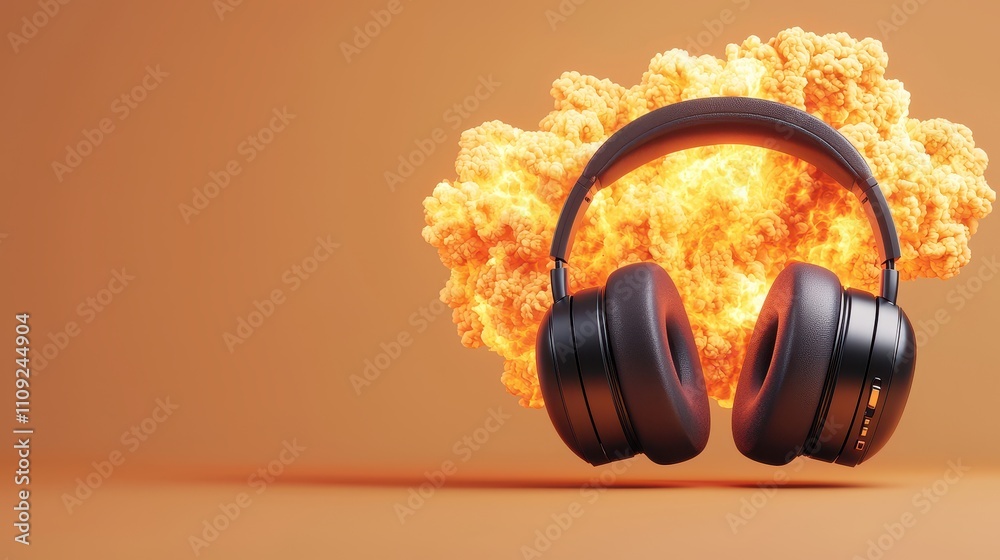Poster headphone exploding concept, exploding headphones surrounded by orange shockwaves in distorted sound
