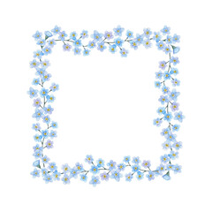 Blue forget-me-nots floral frame isolated. Delicate watercolor illustration on white background. For postcard, print, congratulations.